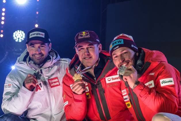 INVERNALI - Sci Alpino - FIS Alpine World Ski Championships - Men s Downhill FIS Alpine World Ski Championships Saalbach 2025 Men s Downhill - Medal Ceremony Gold Medal:von ALLMEN Franjo (SUI) Silver Medal:KRIECHMAYR Vincent (AUT) Bronze Medal:MONNEY Alexis (SUI) Sunday 09 02 25 Saalbach Austria  Copyright: xIPAxSport ABACAx