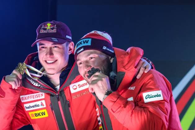 INVERNALI - Sci Alpino - FIS Alpine World Ski Championships - Men s Downhill FIS Alpine World Ski Championships Saalbach 2025 Men s Downhill - Medal Ceremony Gold Medal:von ALLMEN Franjo (SUI) Bronze Medal:MONNEY Alexis (SUI) Sunday 09 02 25 Saalbach Austria  Copyright: xIPAxSport ABACAx