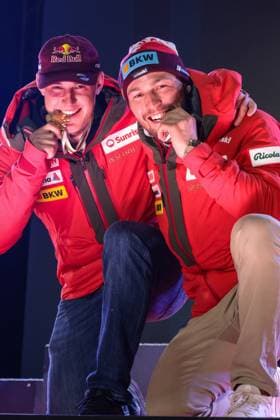 INVERNALI - Sci Alpino - FIS Alpine World Ski Championships - Men s Downhill FIS Alpine World Ski Championships Saalbach 2025 Men s Downhill - Medal Ceremony Gold Medal:von ALLMEN Franjo (SUI) Bronze Medal:MONNEY Alexis (SUI) Sunday 09 02 25 Saalbach Austria  Copyright: xIPAxSport ABACAx