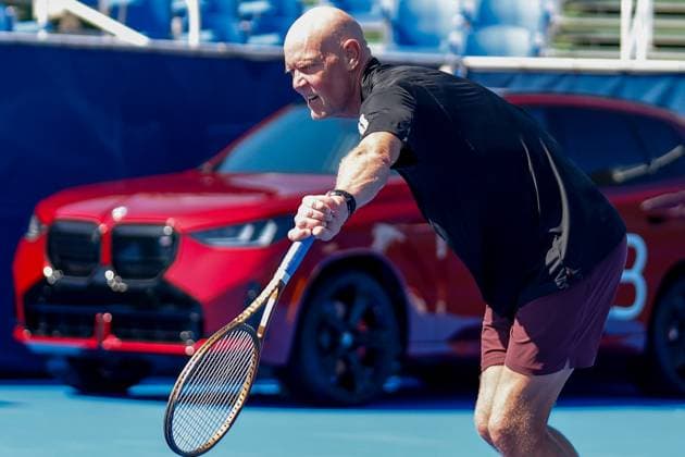 DELRAY BEACH, FL - FEBRUARY 09: Murphy Jensen (USA) in action during the Legends Event match against Steve Johnson (USA) and Xavier Malisse (BEL) at the Delray Beach Open on Sunday February 9, 2025, at the Delray Beach Stadium & Tennis Center in Delray Beach, Florida.(Photo by Chris Arjoon Icon Sportswire) TENNIS: FEB 09 Delray Beach Open EDITORIAL USE ONLY Icon250209001113