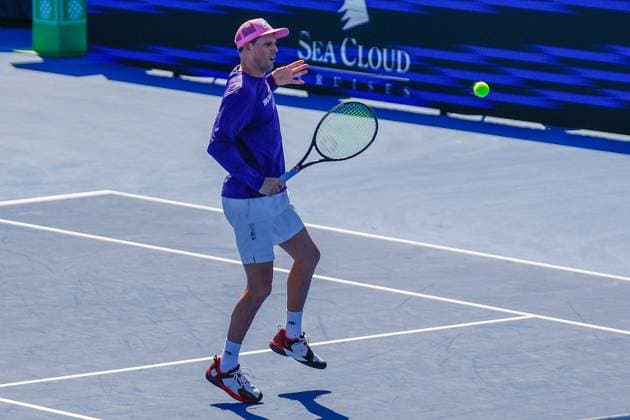 DELRAY BEACH, FL - FEBRUARY 09: Bob Bryan (USA) in action during the Legends Event match against Tommy Haas (GER) and Juan Martin Del Potro (ARG) at the Delray Beach Open on Sunday February 9, 2025, at the Delray Beach Stadium & Tennis Center in Delray Beach, Florida.(Photo by Chris Arjoon Icon Sportswire) TENNIS: FEB 09 Delray Beach Open EDITORIAL USE ONLY Icon25020900199