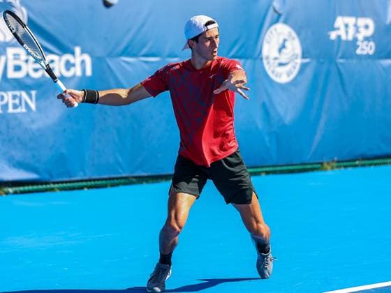 DELRAY BEACH, FL - FEBRUARY 09: James Trotter (JPN) in action during the Qualifying Final game against Taro Daniel (JPN) at the Delray Beach Open on Sunday February 9, 2025, at the Delray Beach Stadium & Tennis Center in Delray Beach, Florida.(Photo by Chris Arjoon Icon Sportswire) TENNIS: FEB 09 Delray Beach Open EDITORIAL USE ONLY Icon250209001134