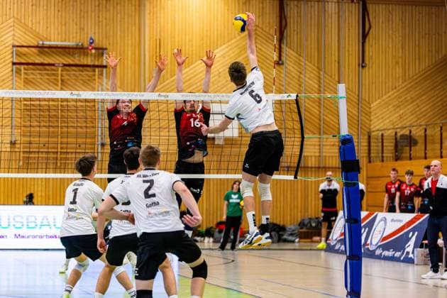 09.02.2025, GER, Volleyball, 2.BL Maenner Sued, Saison 2024 2025, Blue Volleys Gotha - Barock Volleys MTV Ludwigsburg Erik Niederluecke (Blue Volleys Gotha) Darius Diefenbach (Barock Volleys MTV Ludwigsburg) Tim Koepfli (Barock Volleys MTV Ludwigsburg) 99867 Gotha Sporthalle Sportanlage Ernesti Thüringen Deutschland