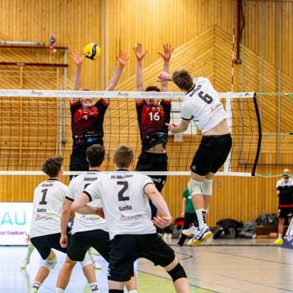 09.02.2025, GER, Volleyball, 2.BL Maenner Sued, Saison 2024 2025, Blue Volleys Gotha - Barock Volleys MTV Ludwigsburg Erik Niederluecke (Blue Volleys Gotha) Darius Diefenbach (Barock Volleys MTV Ludwigsburg) Tim Koepfli (Barock Volleys MTV Ludwigsburg) 99867 Gotha Sporthalle Sportanlage Ernesti Thüringen Deutschland