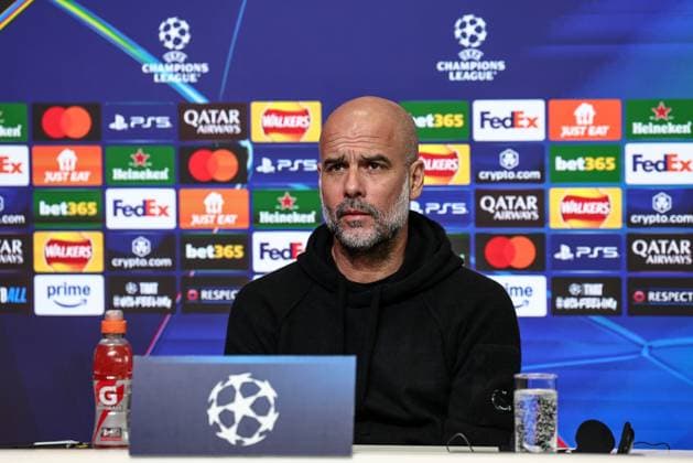 UEFA Champions League press conference, PK, Pressekonferenz Manchester City v Real Madrid Pep Guardiola manager of Manchester City speak to the press during the UEFA Champions League Press Conference Manchester City v Real Madrid at Etihad Stadium, Manchester, United Kingdom, 10th February 2025 (Photo by Mark Cosgrove News Images) Manchester Etihad Stadium Manchester United, ManU Kingdom Copyright: xMarkxCosgrove NewsxImagesx