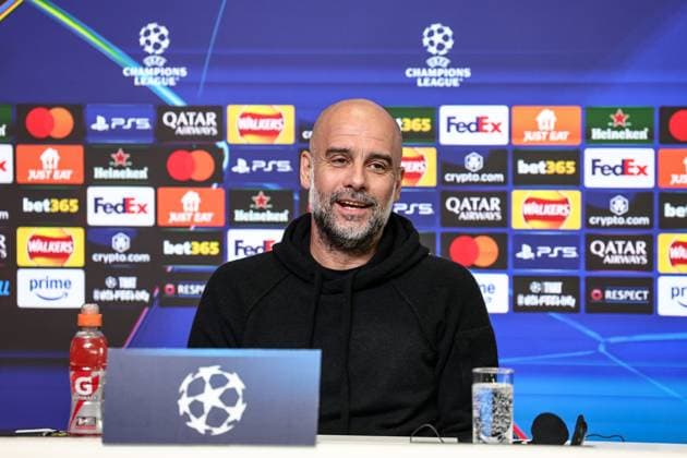 UEFA Champions League press conference, PK, Pressekonferenz Manchester City v Real Madrid Pep Guardiola manager of Manchester City speak to the press during the UEFA Champions League Press Conference Manchester City v Real Madrid at Etihad Stadium, Manchester, United Kingdom, 10th February 2025 (Photo by Mark Cosgrove News Images) Manchester Etihad Stadium Manchester United, ManU Kingdom Copyright: xMarkxCosgrove NewsxImagesx