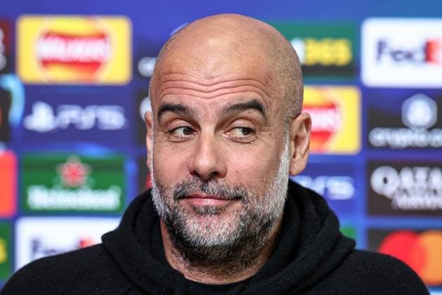 UEFA Champions League press conference, PK, Pressekonferenz Manchester City v Real Madrid Pep Guardiola manager of Manchester City speak to the press during the UEFA Champions League Press Conference Manchester City v Real Madrid at Etihad Stadium, Manchester, United Kingdom, 10th February 2025 (Photo by Mark Cosgrove News Images) Manchester Etihad Stadium Manchester United, ManU Kingdom Copyright: xMarkxCosgrove NewsxImagesx