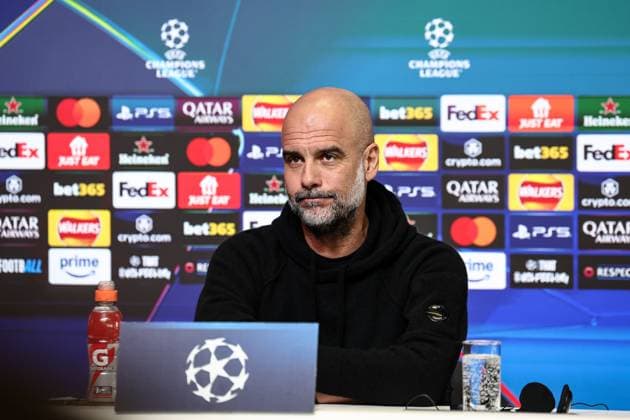 UEFA Champions League press conference, PK, Pressekonferenz Manchester City v Real Madrid Pep Guardiola manager of Manchester City speak to the press during the UEFA Champions League Press Conference Manchester City v Real Madrid at Etihad Stadium, Manchester, United Kingdom, 10th February 2025 (Photo by Mark Cosgrove News Images) Manchester Etihad Stadium Manchester United, ManU Kingdom Copyright: xMarkxCosgrove NewsxImagesx