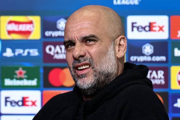 Sport Bilder des Tages UEFA Champions League press conference, PK, Pressekonferenz Manchester City v Real Madrid Pep Guardiola manager of Manchester City speak to the press during the UEFA Champions League Press Conference Manchester City v Real Madrid at Etihad Stadium, Manchester, United Kingdom, 10th February 2025 (Photo by Mark Cosgrove News Images) Manchester Etihad Stadium Manchester United, ManU Kingdom Copyright: xMarkxCosgrove NewsxImagesx
