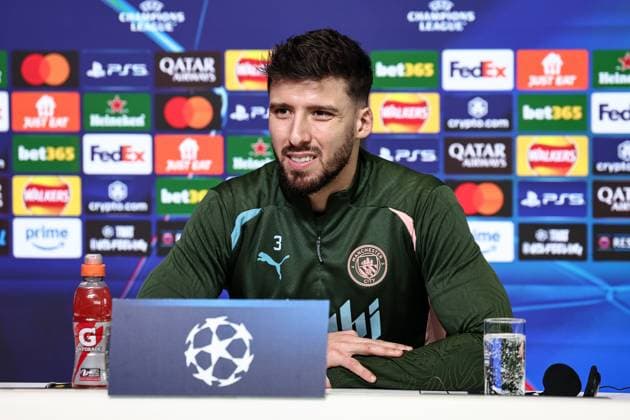 UEFA Champions League press conference, PK, Pressekonferenz Manchester City v Real Madrid Ruben Dias of Manchester City speaks to the press during the UEFA Champions League Press Conference Manchester City v Real Madrid at Etihad Stadium, Manchester, United Kingdom, 10th February 2025 (Photo by Mark Cosgrove News Images) Manchester Etihad Stadium Manchester United, ManU Kingdom Copyright: xMarkxCosgrove NewsxImagesx