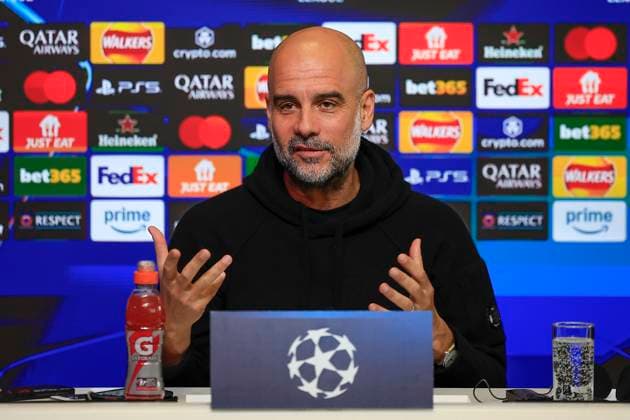 Manchester City 10 02 2025. press conference, PK, Pressekonferenz Pep Guardiola the Manchester City manager during the press conference ahead of Manchester City vs Real Madrid in the Champions League, at the Etihad Stadium, Manchester, England on 10 February 2025. Manchester Etihad Stadium Manchester England Editorial use only , Copyright: xConorxMolloyx PSI-21433-0031