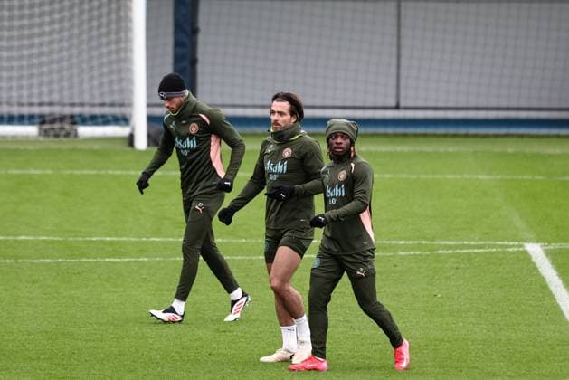 UEFA Champions League Manchester City Training session Jack Grealish of Manchester City And JÃ rÃ my Doku of Manchester City during the UEFA Champions League Manchester City Training session at Etihad Campus, Manchester, United Kingdom, 10th February 2025 (Photo by Mark Cosgrove News Images) Manchester Etihad Stadium Manchester United, ManU Kingdom Copyright: xMarkxCosgrove NewsxImagesx