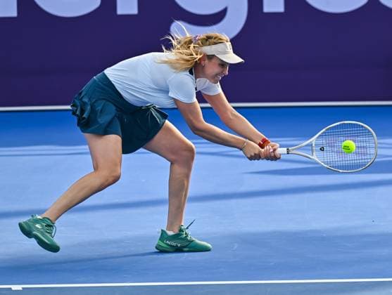 WTA, Tennis Damen QATAR OPEN TENNIS TOURNAMENT ROUND OF 64 Donna Vekic of Croatia competes in her round of 64 match against Linda Noskova of Czech Republic during the WTA Qatar TotalEnergies Open 2025 tennis tournament at the Khalifa International Tennis Complex in Doha, Qatar, on February 10, 2025. Copyright: xNOUSHADx