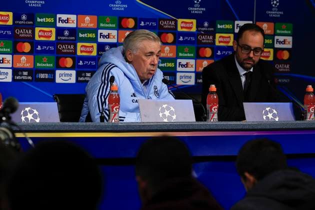 Real Madrid 10 02 2025. press conference, PK, Pressekonferenz Carlo Ancelotti the Real Madrid manager during the press conference ahead of Manchester City vs Real Madrid in the Champions League, at the Etihad Stadium, Manchester, England on 10 February 2025. Manchester Etihad Stadium Manchester England Editorial use only , Copyright: xConorxMolloyx PSI-21433-0098