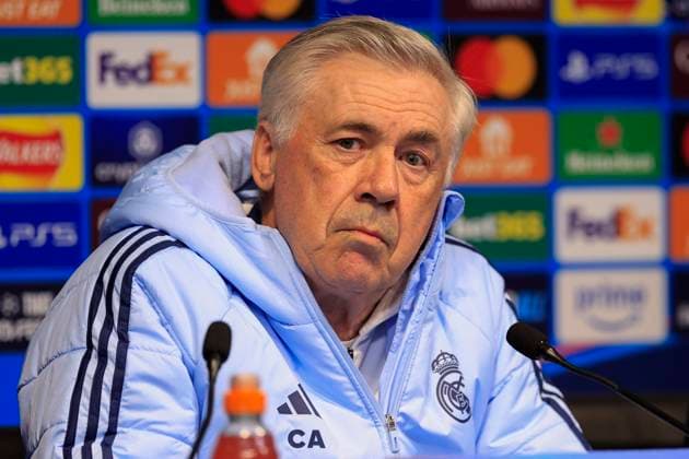 Real Madrid 10 02 2025. press conference, PK, Pressekonferenz Carlo Ancelotti the Real Madrid manager during the press conference ahead of Manchester City vs Real Madrid in the Champions League, at the Etihad Stadium, Manchester, England on 10 February 2025. Manchester Etihad Stadium Manchester England Editorial use only , Copyright: xConorxMolloyx PSI-21433-0101