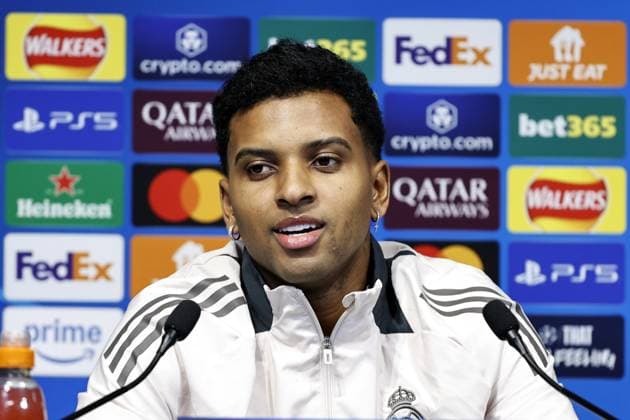 10th February 2025, Etihad Stadium, Manchester, England; press conference, PK, Pressekonferenz ahead of the UEFA Champions League play off match against Real Madrid in Manchester, England. Rodrygo of Real Madrid talks to the media at the Etihad Stadium ahead of tomorrow s Champions League play-off first leg against Manchester City  ActionPlus12749684 AlanxMartin
