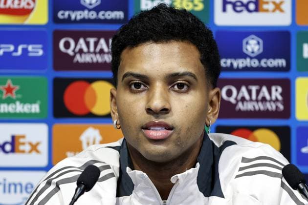 10th February 2025, Etihad Stadium, Manchester, England; press conference, PK, Pressekonferenz ahead of the UEFA Champions League play off match against Real Madrid in Manchester, England. Rodrygo of Real Madrid talks to the media at the Etihad Stadium ahead of tomorrow s Champions League play-off first leg against Manchester City  ActionPlus12749689 AlanxMartin