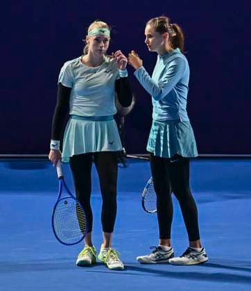 (250211) -- DOHA, Feb. 11, 2025 -- Alexandra Panova (R) Fanny Stollar react during the women s doubles round of 32 match between Kristina Mladenovic (France) zhang Shuai (China) and Alexandra Panova Fanny Stollar of Hungary at the WTA, Tennis Damen Qatar Open tennis tournament in Doha, Qatar, on Feb. 10, 2025. (Photo by Xinhua) (SP)QATAR-DOHA-TENNIS-WTA-QATAR OPEN Nikku 