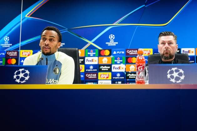 Champions League 2024-2025: press conference, PK, Pressekonferenz of Feyenoord Rotterdam - Quinten Timber of Feyenoord and Feyenoord interim coach Pascal Bosschaart during the press conference of Feyenoord in preparation of the Champions League duel against AC Milan at Stadion Feijenoord De Kuip on 11 February 2025 in Rotterdam, The Netherlands. Copyright: xYannickxVerhoevenx