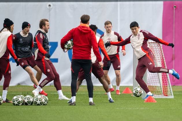 v.r. Minjae Kim 3 (FC Bayern Muenchen), Joshua Kimmich 6 (FC Bayern Muenchen), Harry Kane 9 (FC Bayern Muenchen), Leon Goretzka 8 (FC Bayern Muenchen), Sacha Boey 23 (FC Bayern Muenchen), Abschlusstraining vor dem UEFA Champions League-Spiel gegen Celtic Glasgow, Saison 2024 2025 an der Saebener Strasse. 11.02.2025 DFB regulations prohibit any use of photographs as image sequences and or quasi-video Muenchen Bayern Deutschland