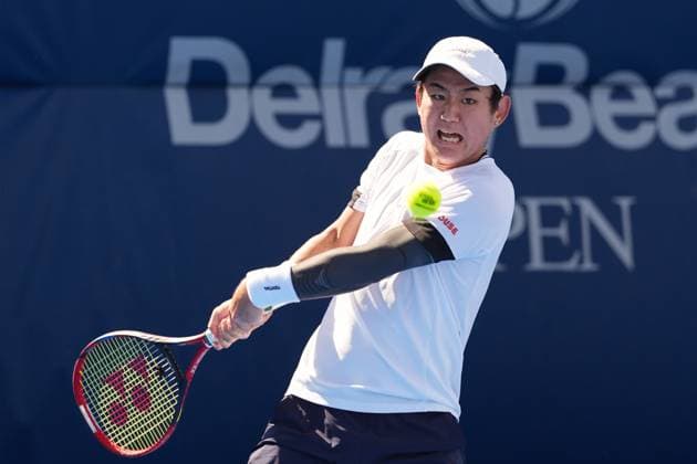 February, 11- Delray Beach, FL: Yoshihito Nishioka(JPN) in action here during the 2025 Delray Beach Open held at the Delray Beach Tennis Center in Delray Beach Florida. Copyright: xAndrewxPatron xBigxShotxPhotox xMediaPunchx