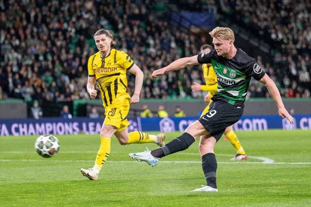 11.02.2025, Fussball: UEFA Champions League, Saison 2024 2025, Play Offs, Hinspiel, Sporting CP - Borussia Dortmuna im Estadio Jose Alvalade in Lissabon. Lissabons Conrad Harder schießt auf das Tor. Foto: Kirchner-Media Thomas Haesler Copyright: xKirchner-Media ThomasxHaeslerx