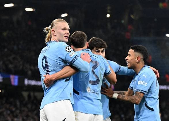 Manchester, England, 11th February 2025. Manchester City™s Erling Haaland celebrates scoring his sides opening goal during the UEFA Champions League match at the Etihad Stadium, Manchester. Picture credit should read: Cody Froggatt Sportimage EDITORIAL USE ONLY. No use with unauthorised audio, video, data, fixture lists, club league logos or live services. Online in-match use limited to 120 images, no video emulation. No use in betting, games or single club league player publications. SPI_CF_050_Man_City_Real_Madrid SPI-3675-0088