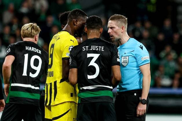 Serhou Guirassy forward of Borussia Dortmund(r) and Jerry St. Juste defender of Sporting CP (m) and Espen Eskas referees during the UEFA Champions League 2024 25 League knockout phase play-offs first leg football match between Sporting CP and Borussia Dortmund at the Jose Alvalade stadium in Lisbon on February 11, 2025. UEFA Champions League - Sporting CP vs Borussia Dortmund (Valter Gouveia SPP) Copyright: xValterxGouveia SPPx spp-en-VaGo-VG_L0317