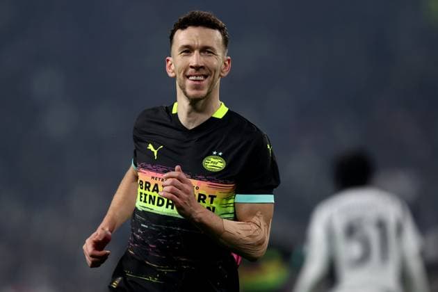 Ivan Perisic (PSV Eindhoven) celebrates after scoring his team s first goal, UEFA Champions League 2024 25 League Knockout Play-off First Leg, Juventus Turin v PSV, Allianz Stadium, February 11, 2025, Turin, Italy.