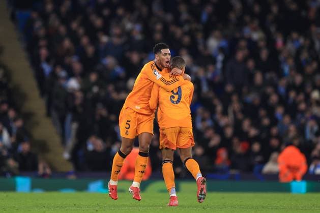 Football - UEFA Champions League - Knockout Play-Off (1st Leg) - Manchester City v Real Madrid 11th February 2025 - UEFA Champions League - Knockout Play-Off (1st Leg) - Manchester City v Real Madrid - Kylian Mbappe of Real Madrid celebrates scoring their 1st goal with Jude Bellingham - Photo: Simon Stacpoole Offside. Manchester UK Copyright: xSimonxStacpoolexOffside