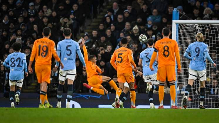 11th February 2025; Etihad Stadium, Manchester, England; UEFA Champions League Play Off Round 1 Football, Manchester City versus Real Madrid; Kylian Mbappe of Real Madrid mishits his shot but scores in the 60th minute for 1-1  ActionPlus12749780 GodfreyxPitt