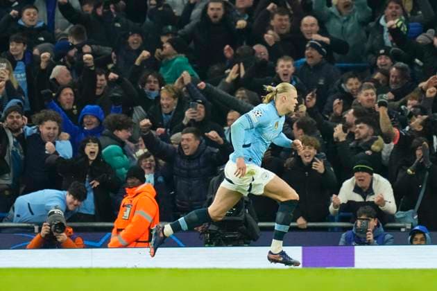 Manchester City v Real Madrid C.F. - UEFA Champions League 2024 25 League Knockout Play-off First Leg Erling Haaland centre-forward of Manchester City and Norway celebrates after scoring his sides second goal during the UEFA Champions League 2024 25 League Knockout Play-off first leg match between Manchester City and Real Madrid C.F. at Manchester City Stadium on February 11, 2025 in Manchester, United Kingdom. Manchester England United Kingdom  Copyright: xJosexBretonx originalFilename:bretonhernandez-manchest250211_nptar.jpg