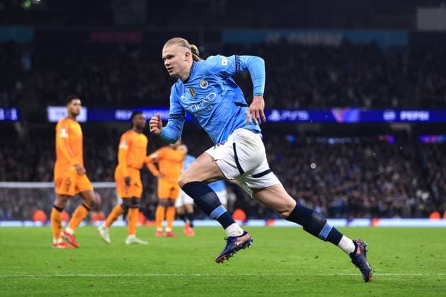 Football - UEFA Champions League - Knockout Play-Off (1st Leg) - Manchester City v Real Madrid 11th February 2025 - UEFA Champions League - Knockout Play-Off (1st Leg) - Manchester City v Real Madrid - Erling Haaland of Manchester City celebrates scoring their 2nd goal from the penalty spot - Photo: Simon Stacpoole Offside. Manchester UK Copyright: xSimonxStacpoolexOffside