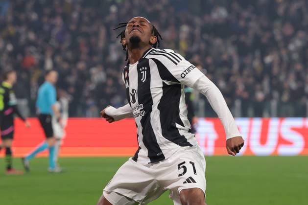 Turin, Italy, 11th February 2025. Samuel Mbangula Tshifunda of Juventus celebrates after scoring to give the side a 2-1 lead during the UEFA Champions League match at Allianz Stadium, Turin. Picture credit should read: Jonathan Moscrop Sportimage EDITORIAL USE ONLY. No use with unauthorised audio, video, data, fixture lists, club league logos or live services. Online in-match use limited to 120 images, no video emulation. No use in betting, games or single club league player publications. SPI_036_JM_JUVE_PSV_UCL SPI-3661-0036