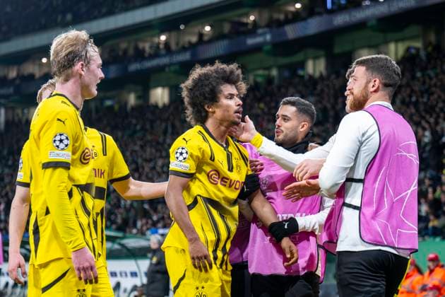 11.02.2025, Fussball: UEFA Champions League, Saison 2024 2025, Play Offs, Hinspiel, Sporting CP Lissabon - Borussia Dortmuna im Estadio Jose Alvalade in Lissabon. Dortmunds Karim Adeyemi jubelt nach seinem Tor zum 0:3. Foto: Kirchner-Media Thomas Haesler WICHTIGER HINWEIS: Gemäß den Vorgaben der UEFA ist es untersagt, in dem Stadion und oder vom Spiel angefertigte Fotoaufnahmen in Form von Sequenzbildern und oder videoähnlichen Fotostrecken zu verwerten bzw. verwerten zu lassen. Copyright: xKirchner-Media ThomasxHaeslerx
