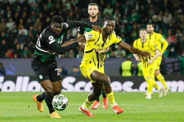 Champions league sporting x borussia dortmund Lisbon (pt), 11 02 2025 - champions league sporting x borussia dortmund - a sporting player falls during the match between sporting x b.dortimund, valid for the first leg of the play-off of the knockout phase of the uefa champions league, held at the jose alvalade stadium, in lisbon, on tuesday night, (11). (Foto: Alexandre Gomes Thenews2 imago images) SPO  Copyright: xALEXANDRExGOMESx