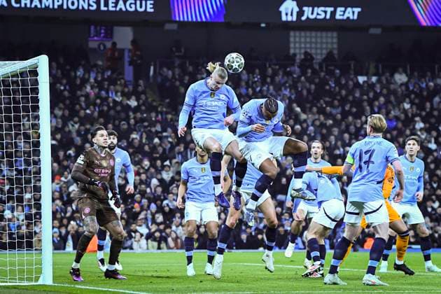 11th February 2025; Etihad Stadium, Manchester, England; UEFA Champions League Play Off Round 1 Football, Manchester City versus Real Madrid; Erling Haaland of Manchester City makes a defensive header in the box  ActionPlus12749814 GodfreyxPitt