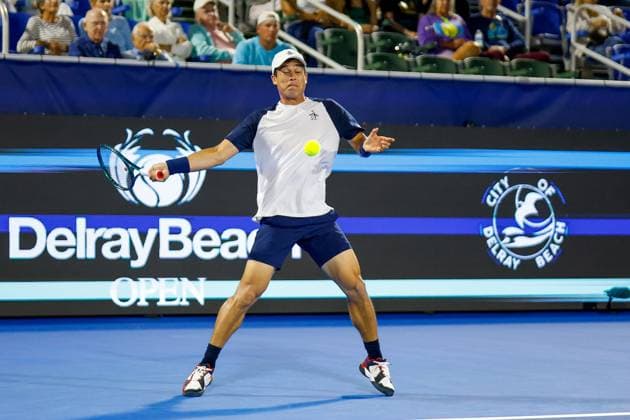 DELRAY BEACH, FL - FEBRUARY 11: Mackenzie McDonald in action during R32 against Kei Nishikori at the Delray Beach Open on Tuesday February 11, 2025, at the Delray Beach Stadium & Tennis Center in Delray Beach, Florida.(Photo by Chris Arjoon Icon Sportswire) TENNIS: FEB 11 Delray Beach Open EDITORIAL USE ONLY Icon25021100165