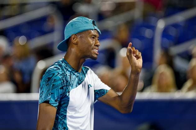 DELRAY BEACH, FL - FEBRUARY 11: Christopher Eubanks in action during R32 against Reilly Opelka at the Delray Beach Open on Tuesday February 11, 2025, at the Delray Beach Stadium & Tennis Center in Delray Beach, Florida.(Photo by Chris Arjoon Icon Sportswire) TENNIS: FEB 11 Delray Beach Open EDITORIAL USE ONLY Icon25021100175