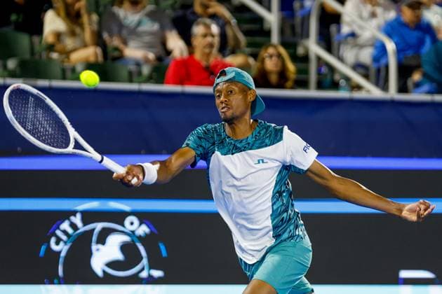 DELRAY BEACH, FL - FEBRUARY 11: Christopher Eubanks in action during R32 against Reilly Opelka at the Delray Beach Open on Tuesday February 11, 2025, at the Delray Beach Stadium & Tennis Center in Delray Beach, Florida.(Photo by Chris Arjoon Icon Sportswire) TENNIS: FEB 11 Delray Beach Open EDITORIAL USE ONLY Icon25021100185