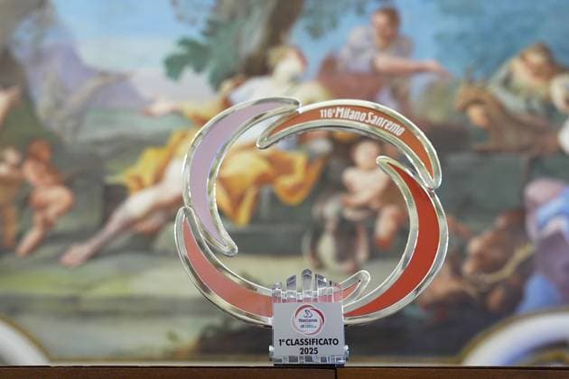 the trophy during the press conference, PK, Pressekonferenz to present Milano Sanremo 2025 - Pavia Milan , North Italy - Wednesday , February 12 , 2025 . - cycling  Copyright: xSpada LaPressex