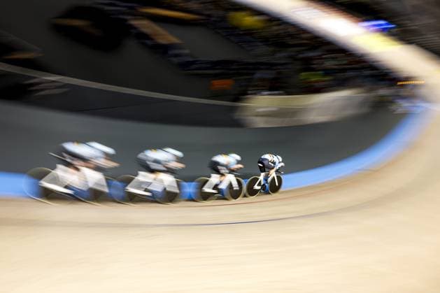 HEUSDEN-ZOLDER - Team Belgium in action on the team sprint qualifier during the first day of the European Track cycling, Rad, Radsport, Bahnrad, Bahn championships in Belgium. ANP BAS CZERWINSKI xVIxANPxSportx xxANPxIVx 519788618 originalFilename: 519788618.jpg