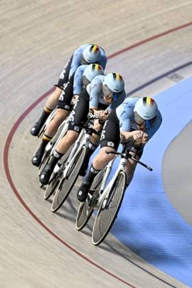 Belgian Katrijn De Clercq, Belgian Helene Hesters, Belgian Febe Jooris and Belgian Marith Vanhove pictured during the women s Team Pursuit qualifications at the 2025 UEC Track Elite European Championships, in Heusden-Zolder, Belgium, Wednesday 12 February 2025. The European Championships take place from 12 to 16 February. DIRKxWAEM  x112310862x