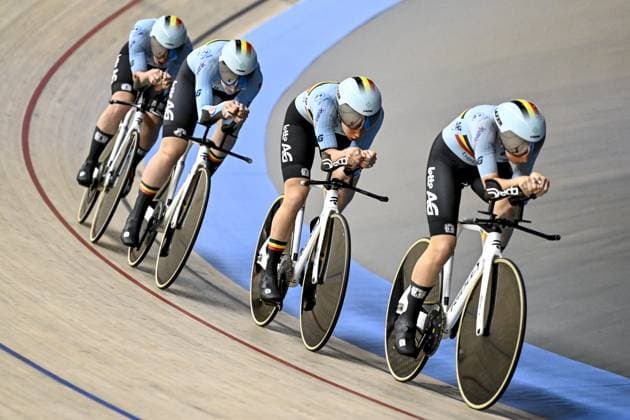 Belgian Katrijn De Clercq, Belgian Helene Hesters, Belgian Febe Jooris and Belgian Marith Vanhove pictured during the women s Team Pursuit qualifications at the 2025 UEC Track Elite European Championships, in Heusden-Zolder, Belgium, Wednesday 12 February 2025. The European Championships take place from 12 to 16 February. DIRKxWAEM  x112310933x
