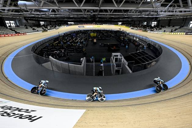 Belgian Mathijs Verhoeven, Belgian Runar De Schrijver and Belgian Lowie Nulens pictured during the men s Team Sprint qualifications at the 2025 UEC Track Elite European Championships, in Heusden-Zolder, Belgium, Wednesday 12 February 2025. The European Championships take place from 12 to 16 February. DIRKxWAEM  x112311557x