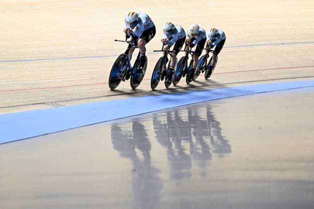 Belgian Tom Crabbe, Belgian Thibaut Bernard, Belgian Renzo Raes and Belgian Yoran Van Gucht pictured during the men s Team Pursuit qualifications at the 2025 UEC Track Elite European Championships, in Heusden-Zolder, Belgium, Wednesday 12 February 2025. The European Championships take place from 12 to 16 February. DIRKxWAEM  x112314697x