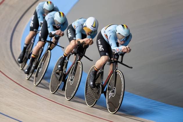 Track cycling, Rad, Radsport, Bahnrad, Bahn UEC EUROPEAN CHAMPIONSHIPS, Men s Team Pursuit Qualifying, 12.02.2025 Team Belgien: BERNARD Thibaut, CRABBE Tom, RAES Renzo, van GUCHT Yoran (alle BEL) Heusden-Zolder Copyright: xMarcelxHilgerx