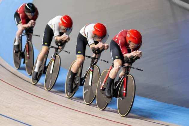 Track cycling, Rad, Radsport, Bahnrad, Bahn UEC EUROPEAN CHAMPIONSHIPS, Men s Team Pursuit Qualifying, 12.02.2025 Team Dänemark: HANSEN Aagaard Tobias, LARSEN Niklas, LETH Norman Lasse, SKIVILD Juel Robin (alle DEN) Heusden-Zolder Copyright: xMarcelxHilgerx