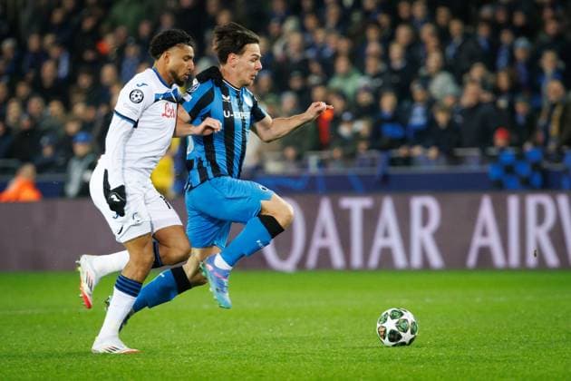 Atalanta s Ederson and Club s Ardon Jashari fight for the ball during a soccer game between Belgian soccer team Club Brugge KV and Italian club Atalanta Bergamo, on Wednesday 12 February 2025 in Brugge, in the first leg of the Knockout phase play-offs of the UEFA Champions League competition. KURTxDESPLENTER  x112320649x
