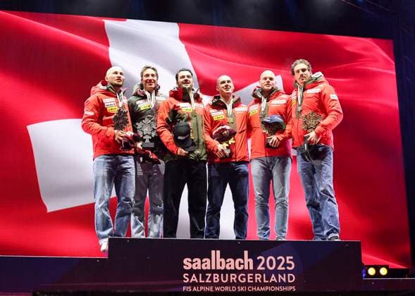 ALPINE SKIING - FIS Ski WC Saalbach 2025 SAALBACH,AUSTRIA,12.FEB.25 - ALPINE SKIING - FIS Alpine World Ski Championships Saalbach 2025, team combined, men, medal plaza, award ceremony. Image shows Alexis Monney (SUI), Tanguy Nef (SUI), Loic Meillard (SUI), Franjo von Allmen (SUI), Stefan Rogentin (SUI) and Marc Rochat (SUI) GEPAxpictures xWolfgangxGrebien